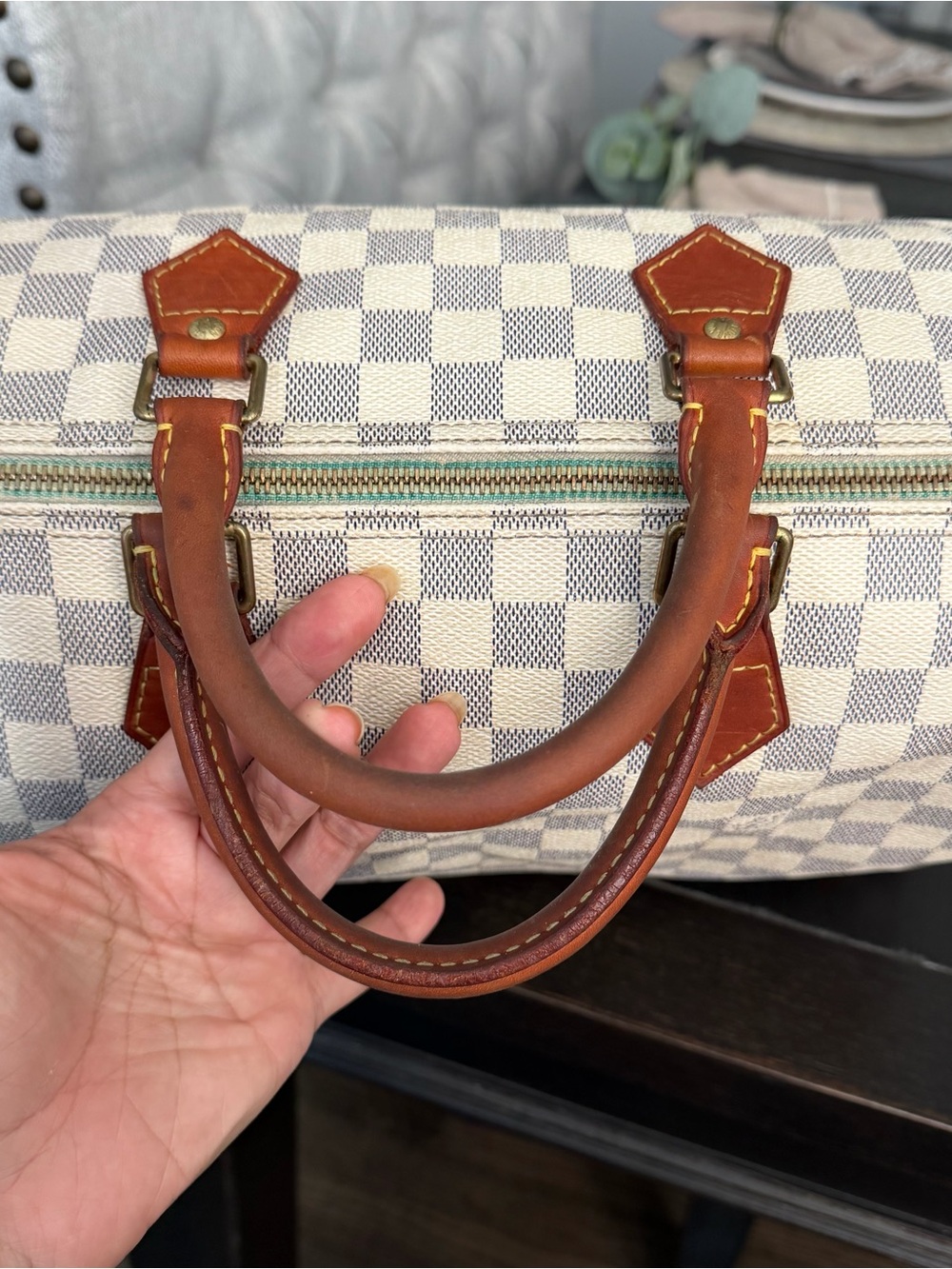 Classic Checkered Travel Bag Speedy 35 in Cream & Gray with Brown Trim - Picture 11 of 15